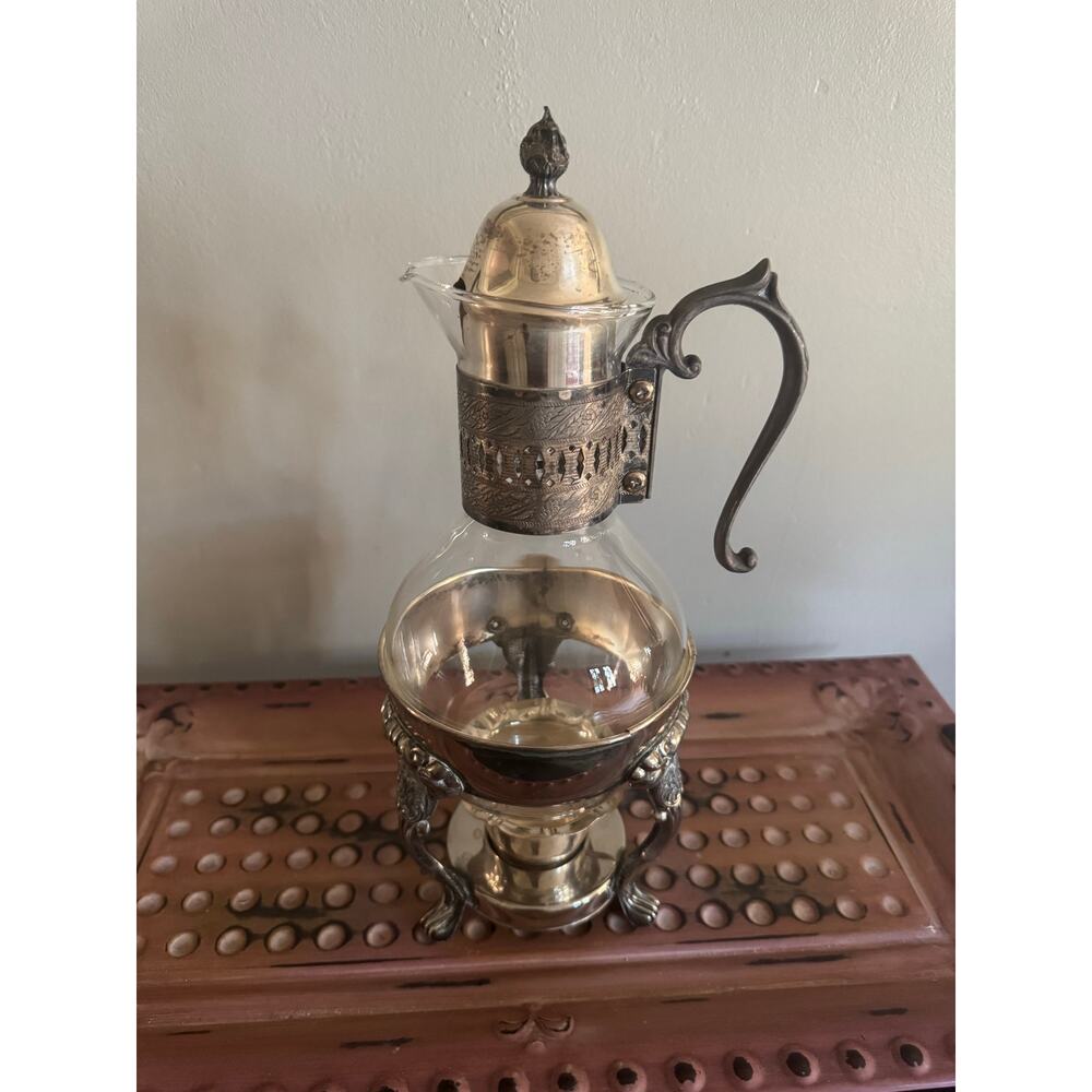 VTG Glass Tea Coffee Server w Metal Frame Warmer Stand Burner Footed Silverplate
